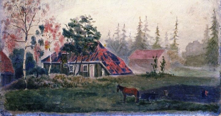 Hest og vogn foran gårdsbygninger(1880).